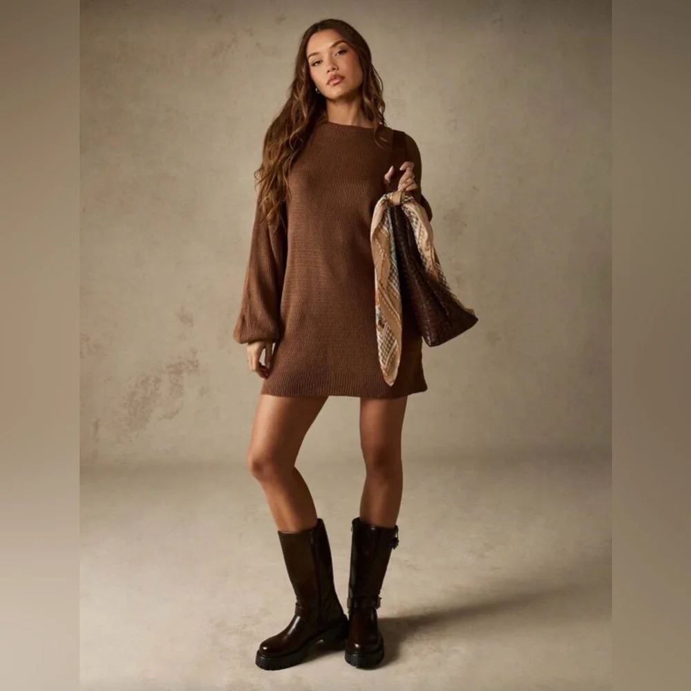 Missguided Oversized Ribbed Knit Brown Sweater Dress - Picture 3 of 4